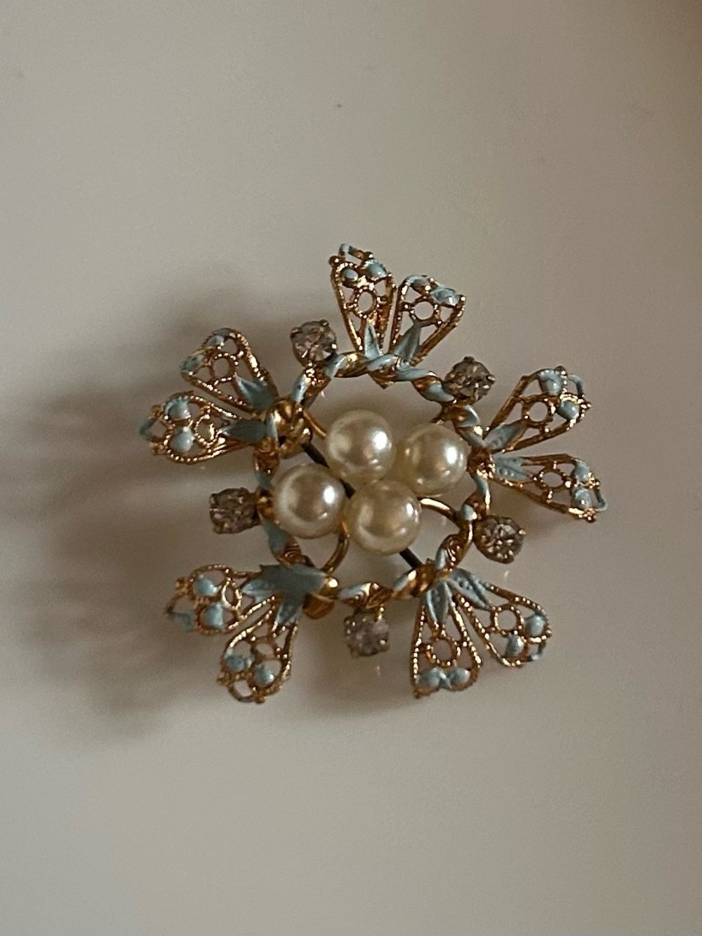 Vintage Austrian Gold Tone Flower Brooch with Pearls and Crystals